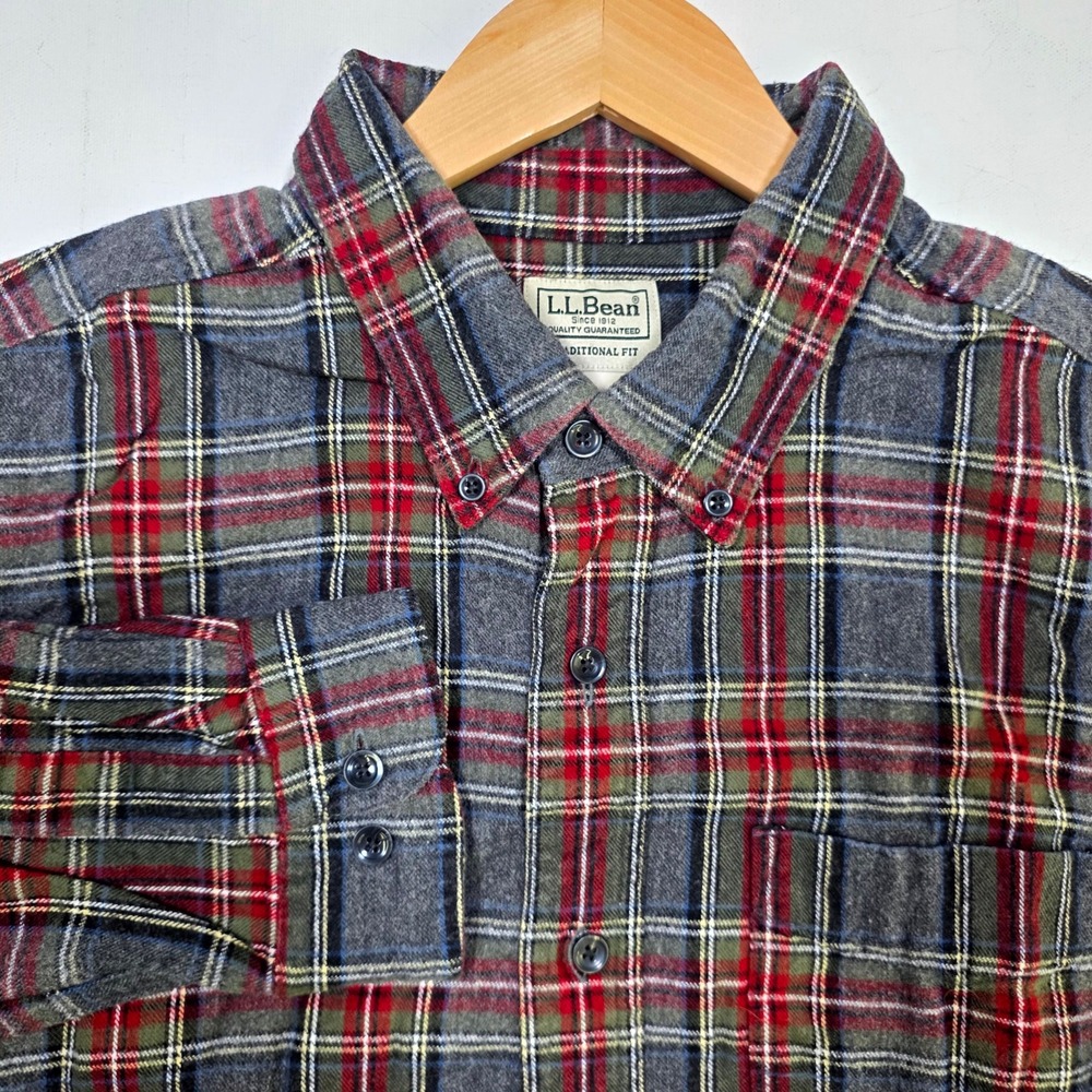 L.L.Bean Flannel Shirt Mens L Gray Plaid Traditional Fit Button Down 228061